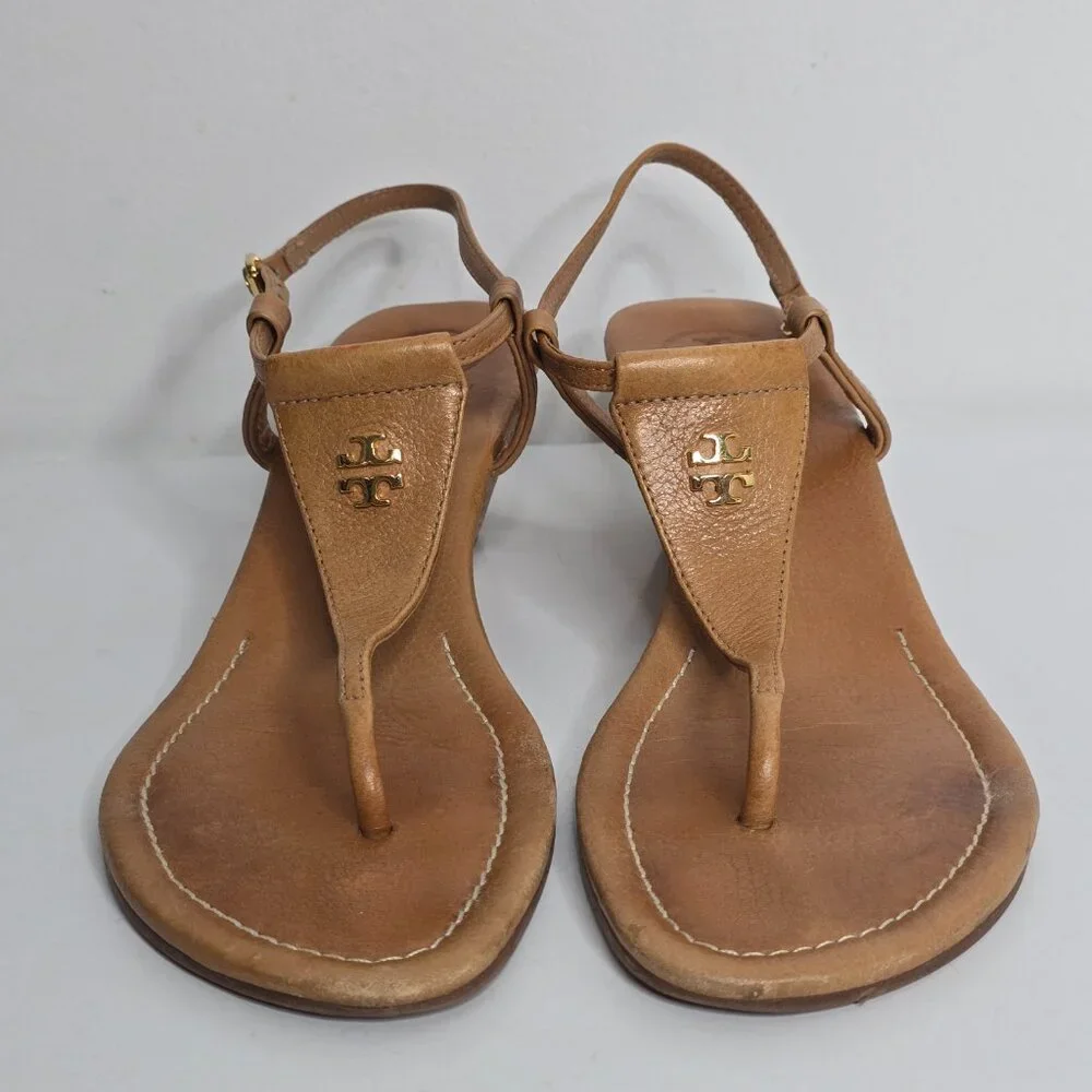 Tory Burch Britton Logo Cork Wedge Thong Sandals Size‎ 10.5 Tan Leather 2